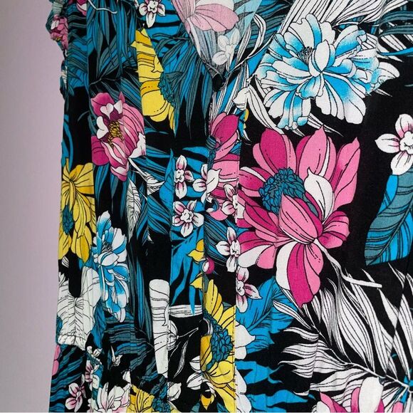 Ana Size 8 Midi Dress Black w Colorful Tropical Floral Print Ruffle Casual - Picture 3 of 9